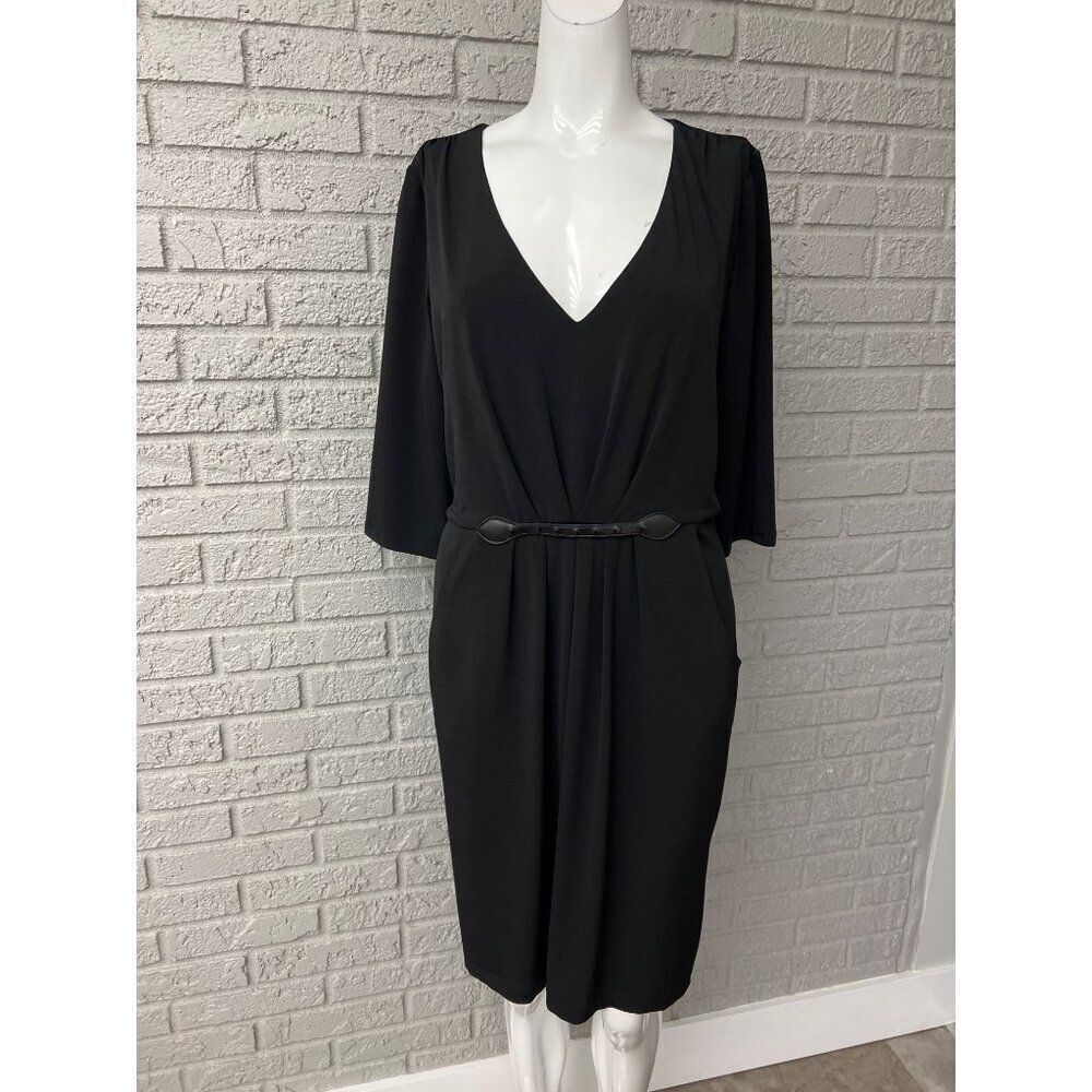Catherine MaLandrino Women Black V-Neck 3/4 Sleeve Plated Shift Dress Size 12